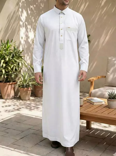 Foreign trade polyester-cotton men's stand-collar long coat, solid color stand-collar half-button robe with pockets, loose-fitting large robe, cross-border dropshipping