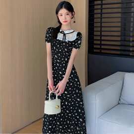 法式黑色蕾丝拼接碎花特别漂亮掐腰小裙子赫本风绝美不撞款连衣裙