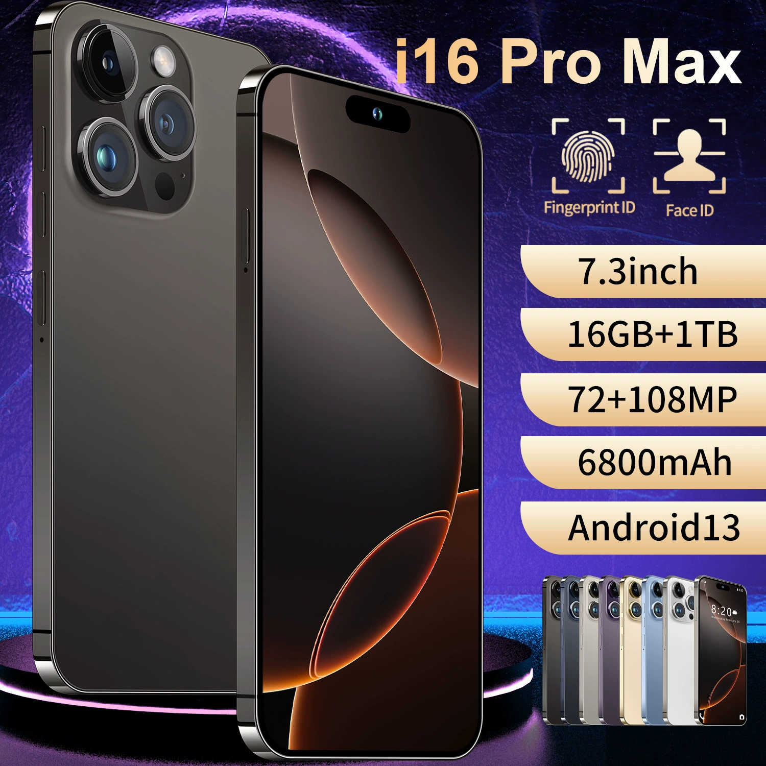 Smartphone i16 Pro Max, Intel i16 chipset, Dynamic Island, Android 8.1, regional memory variants