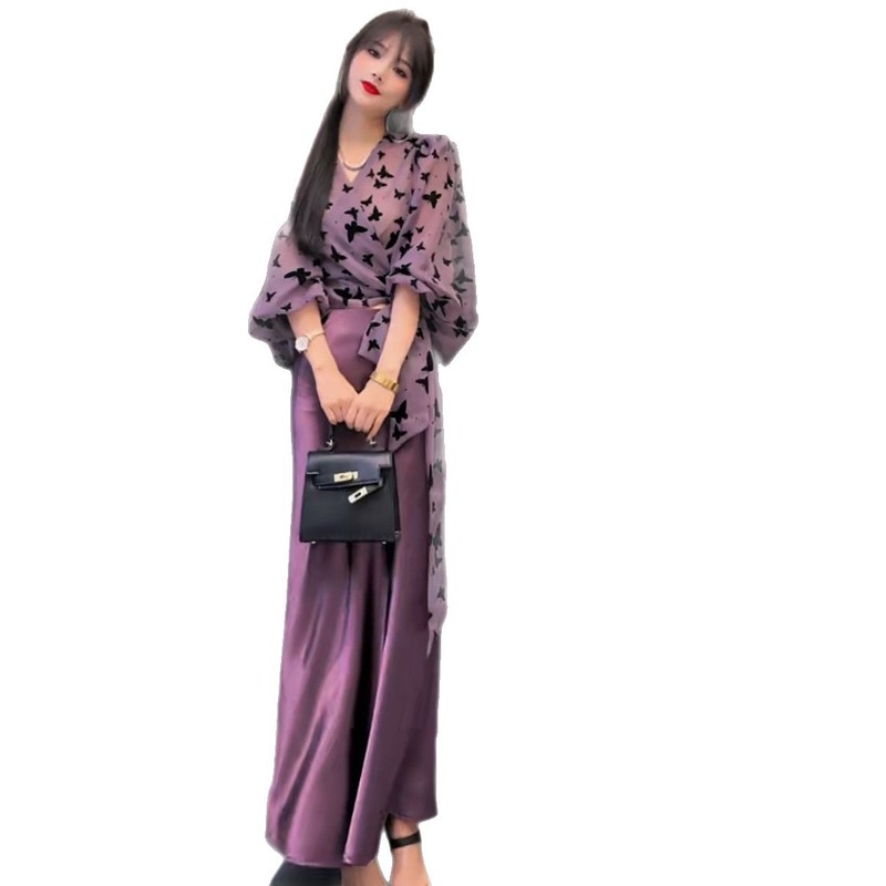 2025春秋季新款洋气印花绑带收腰V领防晒衫+高腰半身裙两件套女潮|undefined