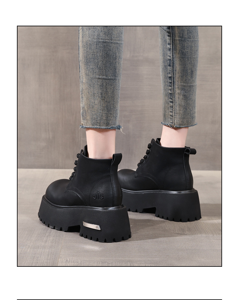 Giày boot nữ đế dày tăng chiều cao, dây buộc, phong cách đa năng — màu đen chi tiết 14