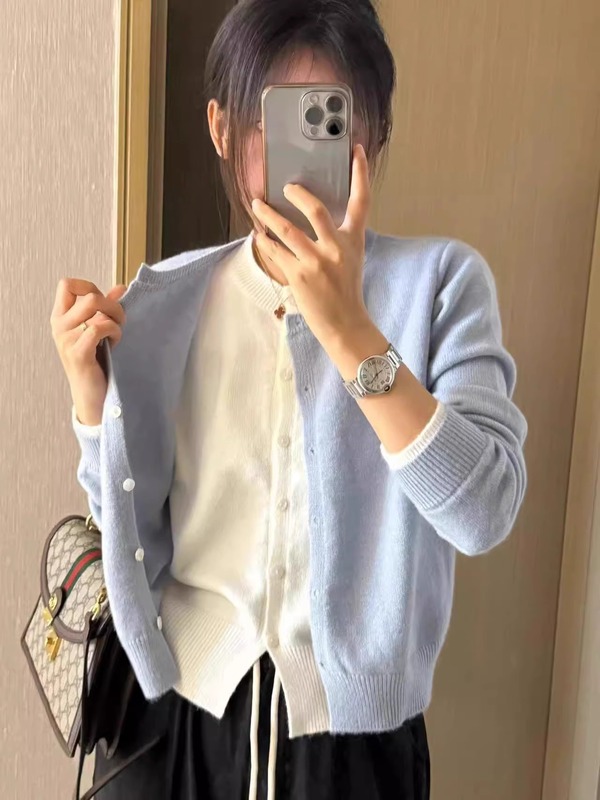 韩版慵懒风羊毛衫灰色假两件针织开衫女羊绒秋毛衣外套设计感上衣|undefined