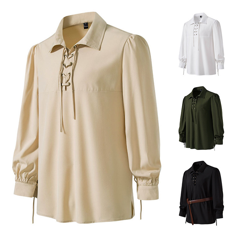 Amazon New Men's Lace-up Lapel Long Sleeve Spring European and American Fashion Hippie Casual Shirt Amazon New Men's Lace-up Lapel Long Sleeve Spring European and American Fashion Hippie Casual Shirt