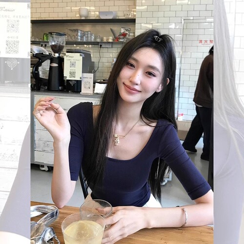 Hot Girl Dark Blue Round Neck Square Neck Short Sleeve Shoulder T-shirt Women's Summer Small Size High Waist Short Style Top 