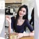 Hot Girls Tibetan Blue Large Collar Square Collar Short-sleeved Shoulder T-shirt Women's Summer Short High Waist Collarbone Top