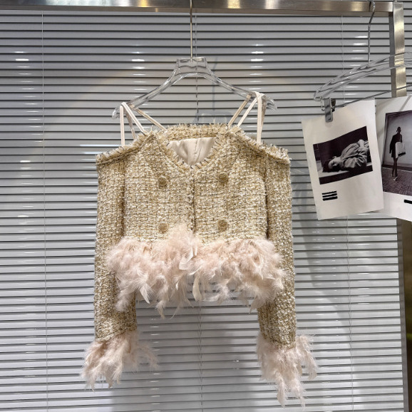 2025 New Winter Style Small Fragrant Lady Feather Hem Braided Tweed Short Jacket Top for Women