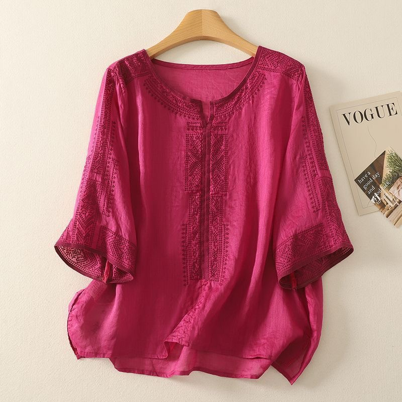 2025 中国風レトロヘビー刺繍コットンとリネン Tシャツ女性の夏ルーズ痩身刺繍多用途シャツトップ|undefined