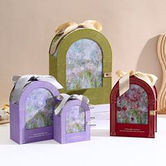 モネの花のリボンの取っ手のアーチの丸い手のギフトボックスの高級なプリントの図案の喜糖の箱の結婚式の手の贈り物の空の箱