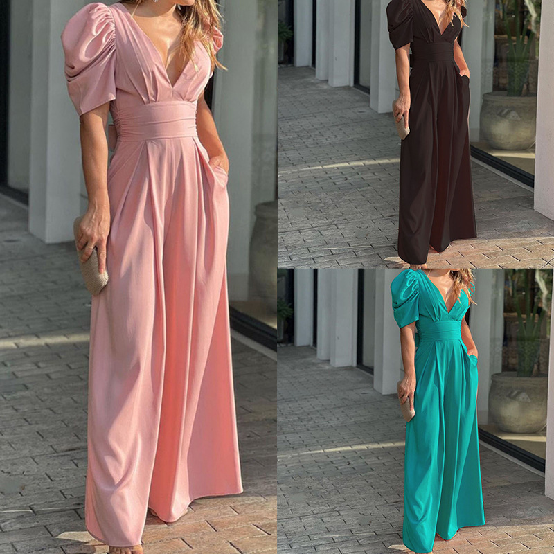 2026 Spring New Style Cross-Border European and American Women's Fashion Elegant Solid Color Slim Fit Short Sleeve Wide Leg Jumpsuit