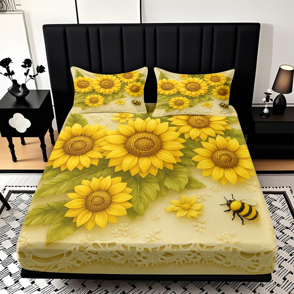 Comercio exterior transfronterizo textil doméstico patrón de girasol impresión digital 3D cama de molienda de tres piezas JIT modelo Temu