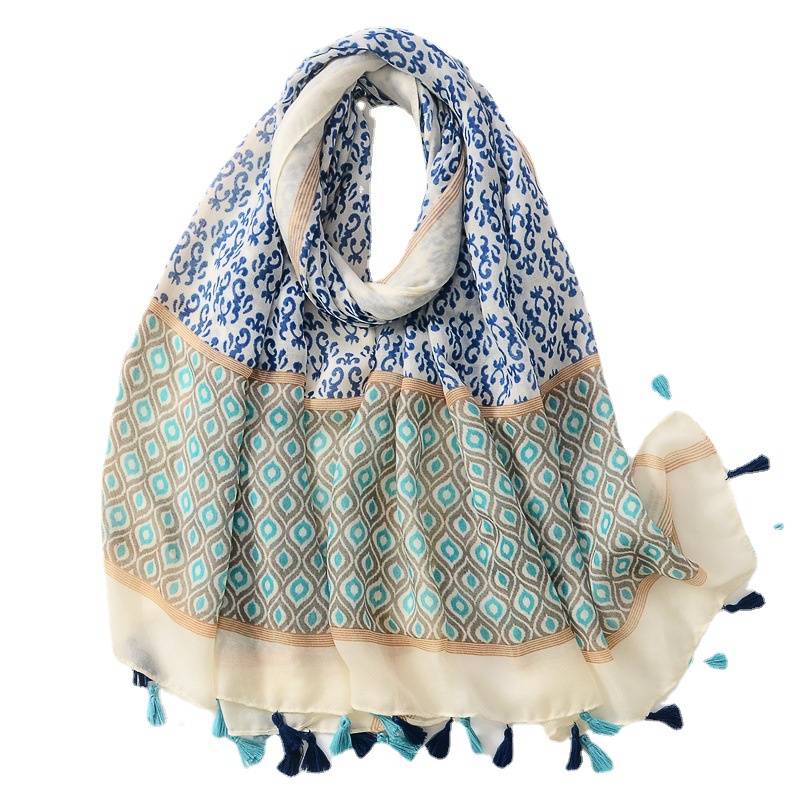 Primavera retro de algodón y lino sensación bufanda geométrica costura impresión borla bufanda viaje decorativo chal Toalla de playa para las mujeres