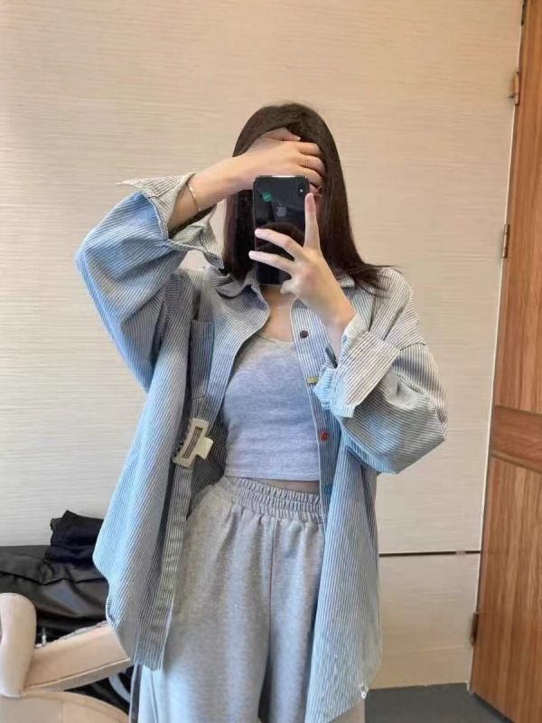 复古水洗条纹Polo领防晒衬衫女春秋季慵懒风中性港风休闲长袖上衣|undefined