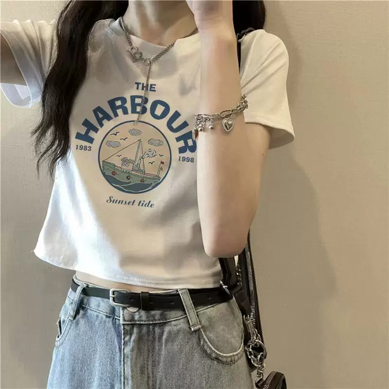 纯棉质感短款修身白色短袖T恤女2024春夏新款欧货气质上衣打底衫
