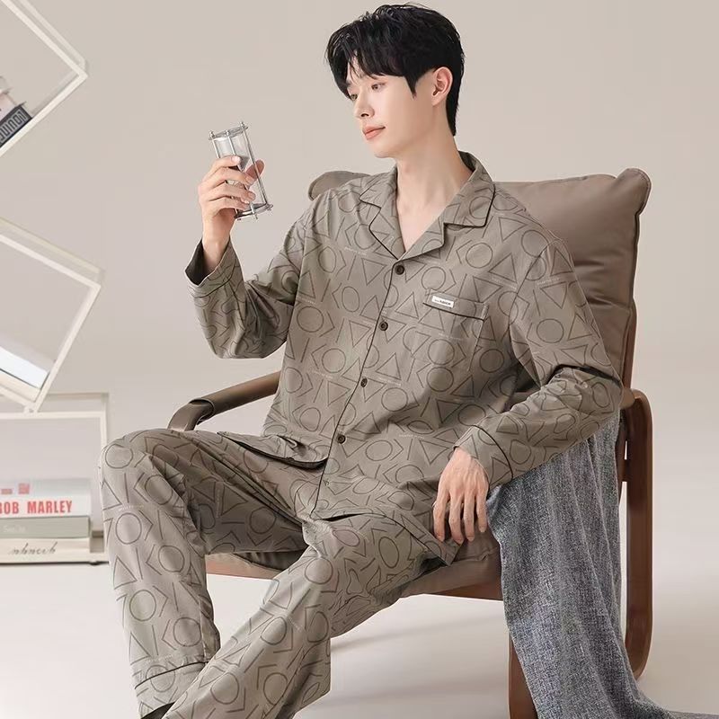 Pure Cotton Pajamas for Men, Autumn and Winter Long-Sleeved Cardigans, Cotton Spring and Autumn Plus Size Men's Home Wear Suits, Casual Style