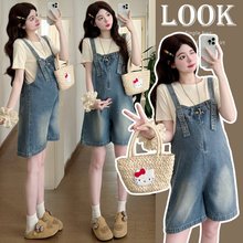 孕妇夏装套装2025新款牛仔背带短裤夏季短袖上衣小个子薄款两件套