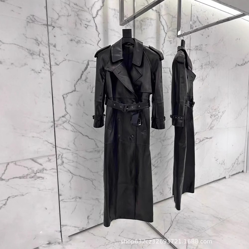 Hong Kong-style retro PU leather trench coat women's 2024 autumn and winter new high-end sense temperament fried street long lace-up coat