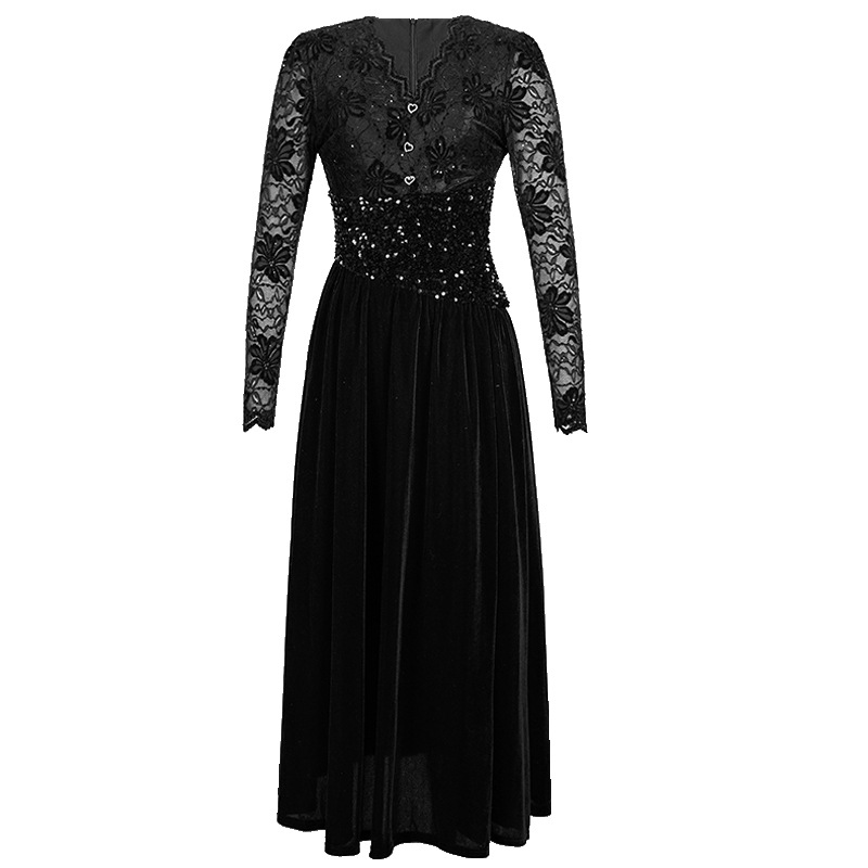 Đầm nữ cổ V ren phối sequin thắt eo nhung mềm mại — đen