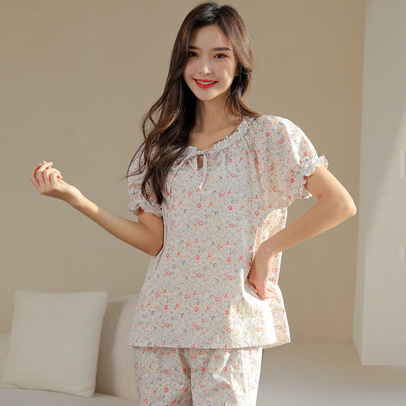 【Bargain】Pure Cotton Women's Summer Short-Sleeve Pajama Set with Floral Cotton Gauze Long Pants, Cool and Comfortable Loungewear for Women, Suitable for Wearing Outside