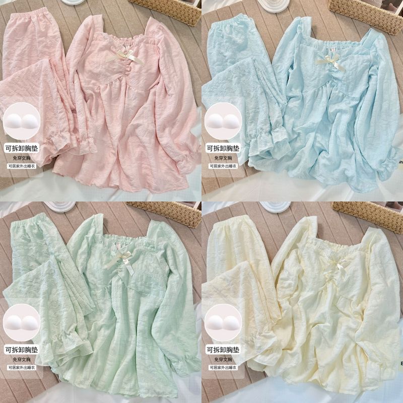 Al por mayor transfronterizo otoño y invierno nuevo con cojín de pecho pantalones de manga larga pijama de mujer nubes de algodón dulce color sólido conjunto de ropa para el hogar