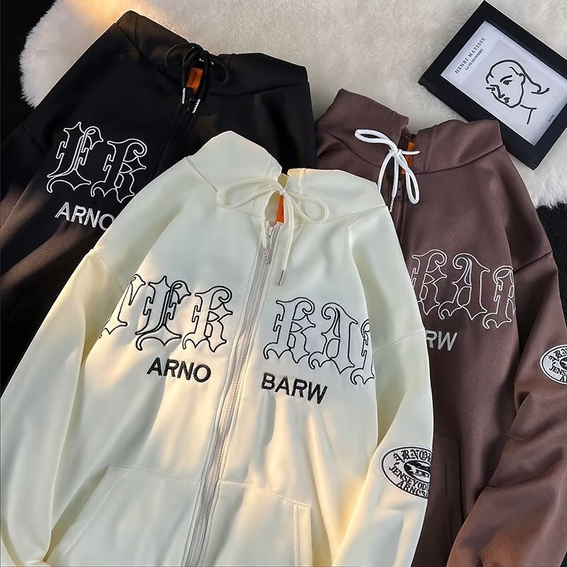 European and American retro high street letter embroidered hooded sweater men's and women's autumn and winter street fashion brand couple's cardigan jacket
