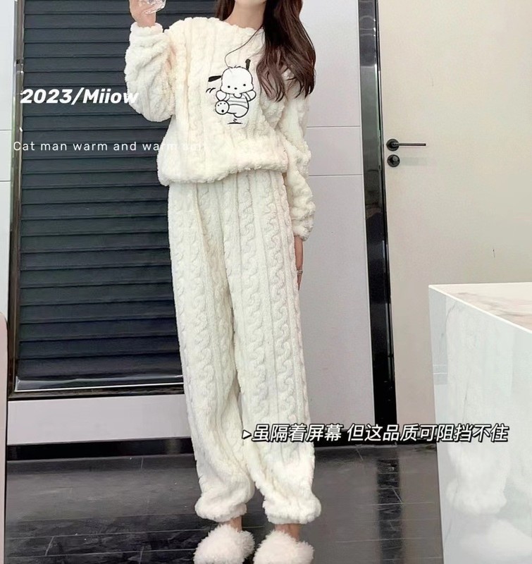 珊瑚绒睡衣女秋冬新款法兰绒可爱时尚长款家居服圆领长袖长裤套装|undefined