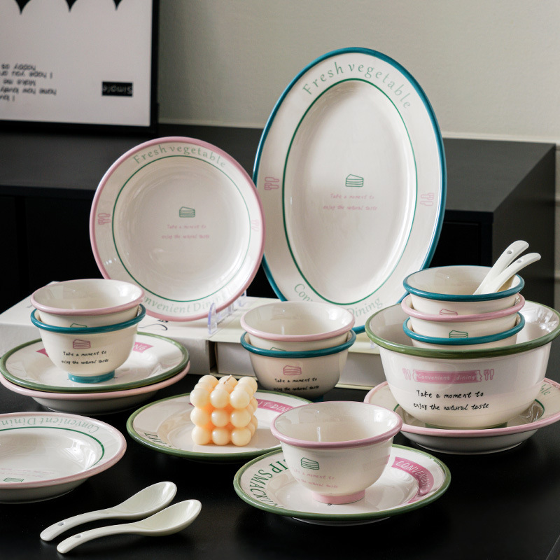 Simple English Cutlery Plate Korean Style Bowl suit Ceramic Household Tableware Rice Bowl Soup Plate Noodle Bowl Plate