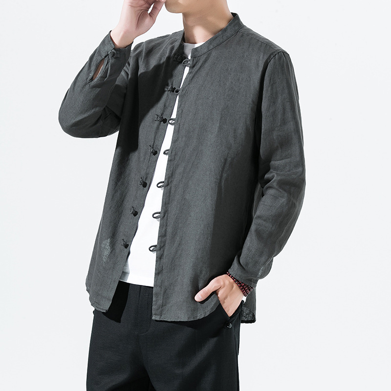 2023 spring and summer new quality linen Chinese style men's retro buckle shirt men's Tang suit long sleeve men's small shirt