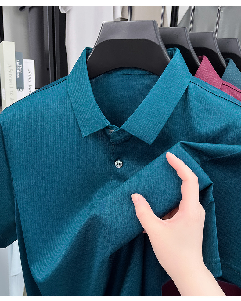 Áo polo nam tay ngắn lụa tơ tằm cao cấp phong cách công sở — Xanh đậm 15580 chi tiết 14