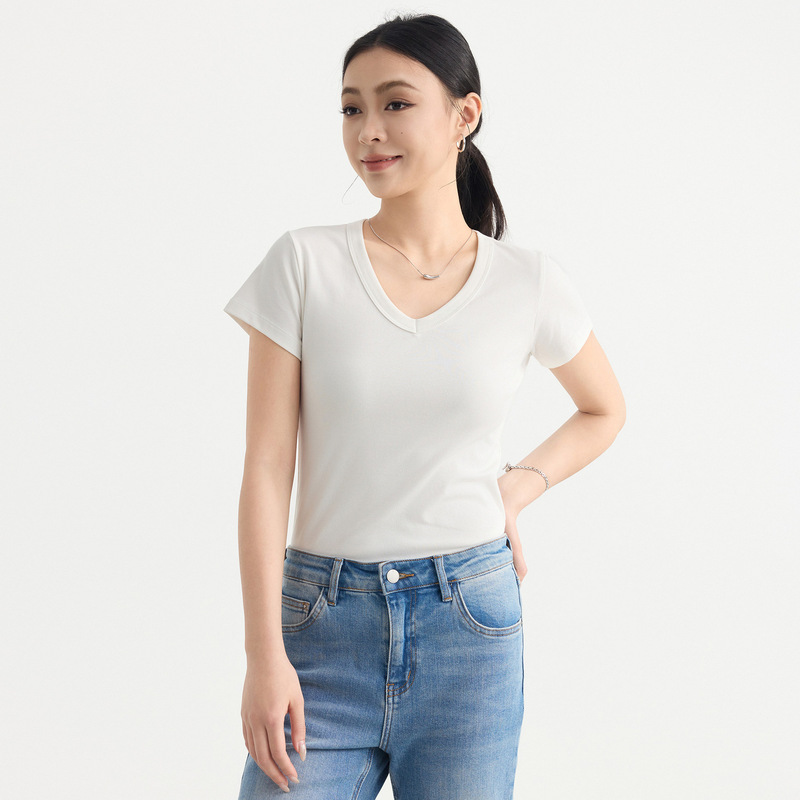 Momaik V-Neck Slim-Fit Women's T-Shirt 2026 Summer New Solid Color Versatile Short-Sleeve Top 10270 Momaik V-Neck Slim-Fit Women's T-Shirt 2026 Summer New Solid Color Versatile Short-Sleeve Top 10270