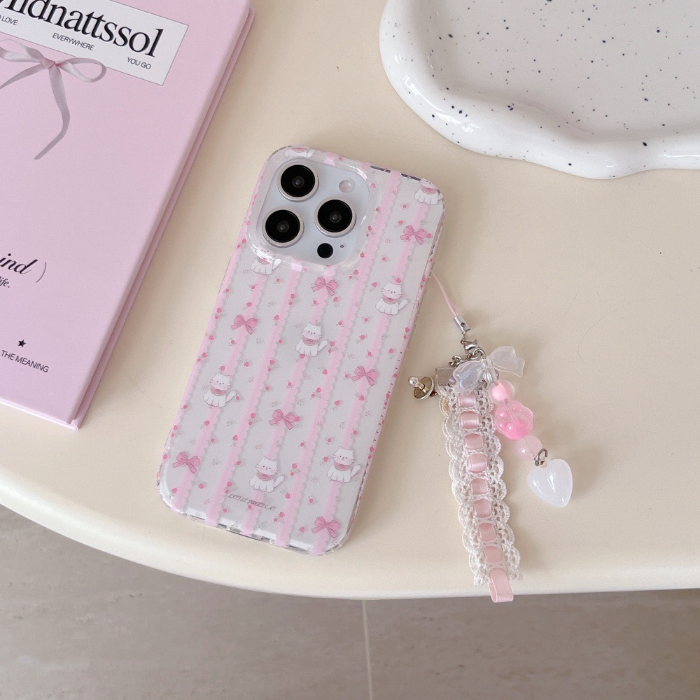 Gato con lazo floral rosa coreano para Apple 15ProMax lindo 16Pro nicho 14/13 nuevo 16