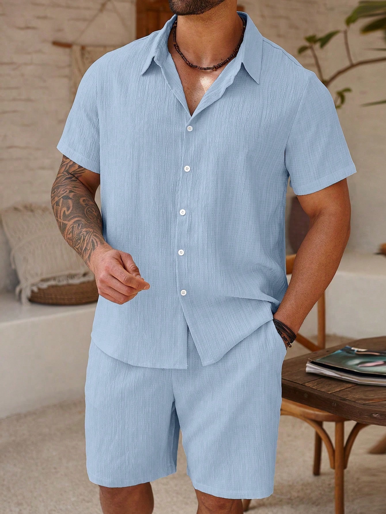 Comercio exterior transfronterizo retro camisa de botón de verano set de pantalones cortos 3D impresión casual vacaciones cardigan hombre set de dos piezas