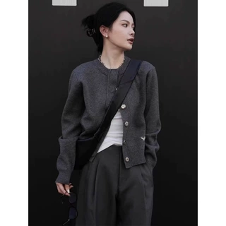 高级灰100%纯羊毛开衫女短款宽松休闲百搭针织棒球服毛衣秋冬外套