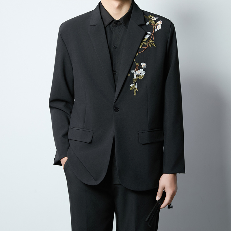 春秋复古痞帅高级感西服潮新中式重工刺绣玉兰花中山装西服外套男