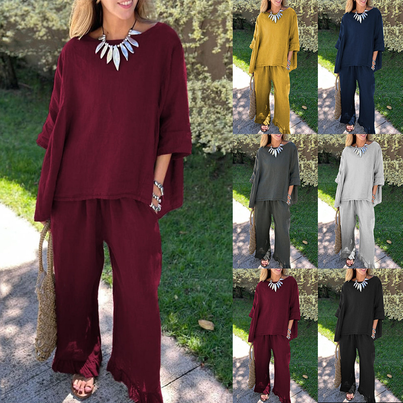 Tweedelige set voor dames van katoen en linnen herfst winter_voghion.com