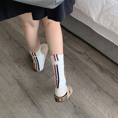 韓國潮牌tb風襪子女後跟彩色布標四道槓白色女襪棉網紅中筒堆堆襪