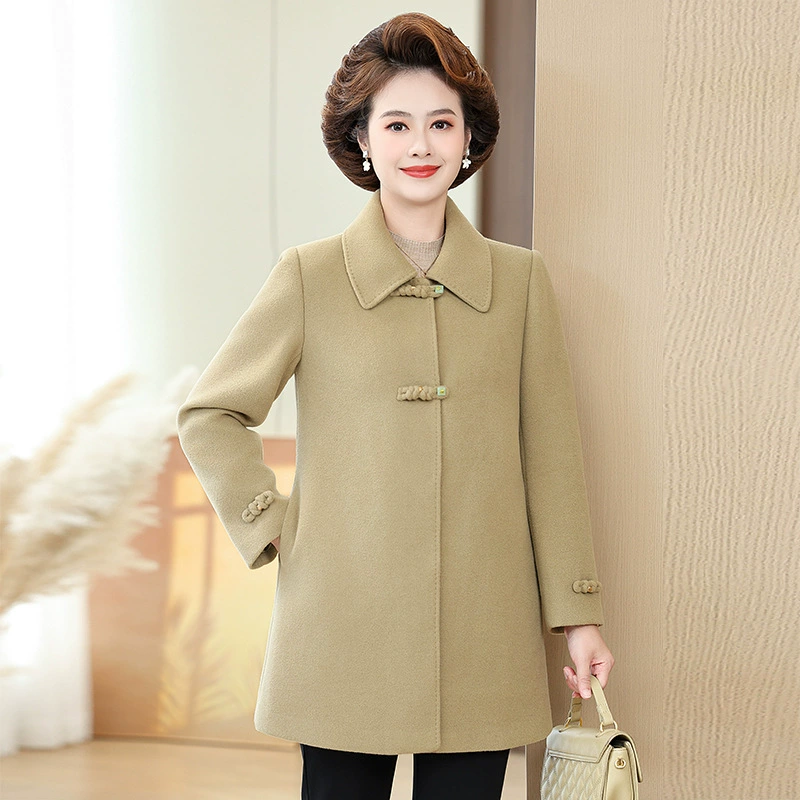Мама осенняя и зимняя шерстяная шерстяная куртка средней и старшей женской средней и старшей женской лацкана пряжка