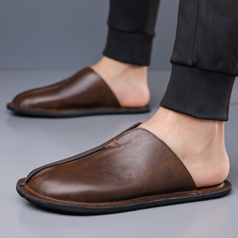 Dép lê nam cỡ lớn bít mũi phong cách retro dễ phối đồ, đế bằng thoáng khí — Màu nâu, màu đen