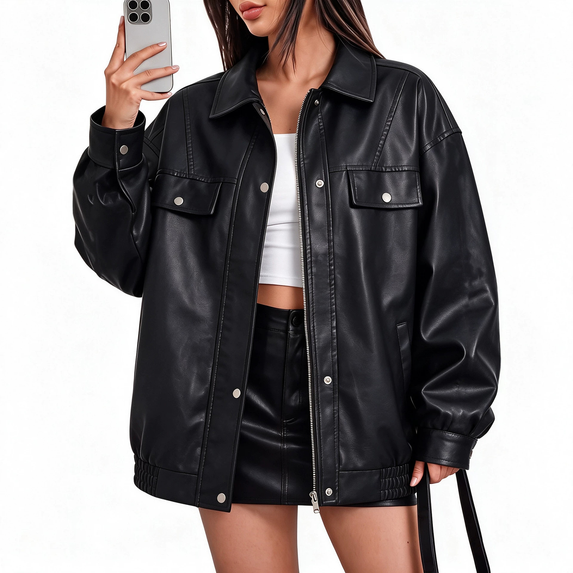 European and American style short leather jacket for women, loose-fitting biker jacket, new spring and autumn stand-up collar PU leather coat, fashionable and versatile
