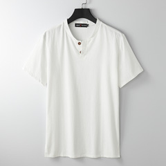 大きいサイズのメンズ中国風スリットスタンドカラー半袖ファットコットンとリネンの夏のTシャツルーズリネンVネック半袖