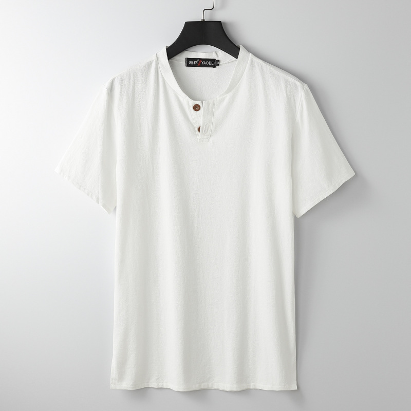 大きいサイズのメンズ中国風スリットスタンドカラー半袖ファットコットンとリネンの夏のTシャツルーズリネンVネック半袖|undefined