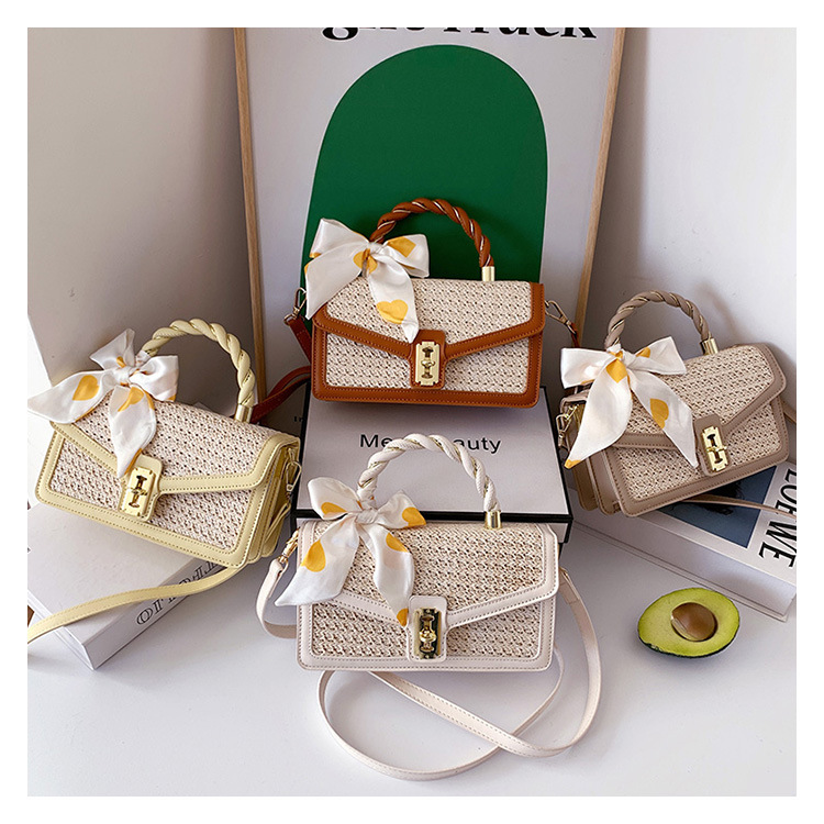 Strohtasche Für Damen Mit Seidenschal Und Drehverschluss_voghion.com