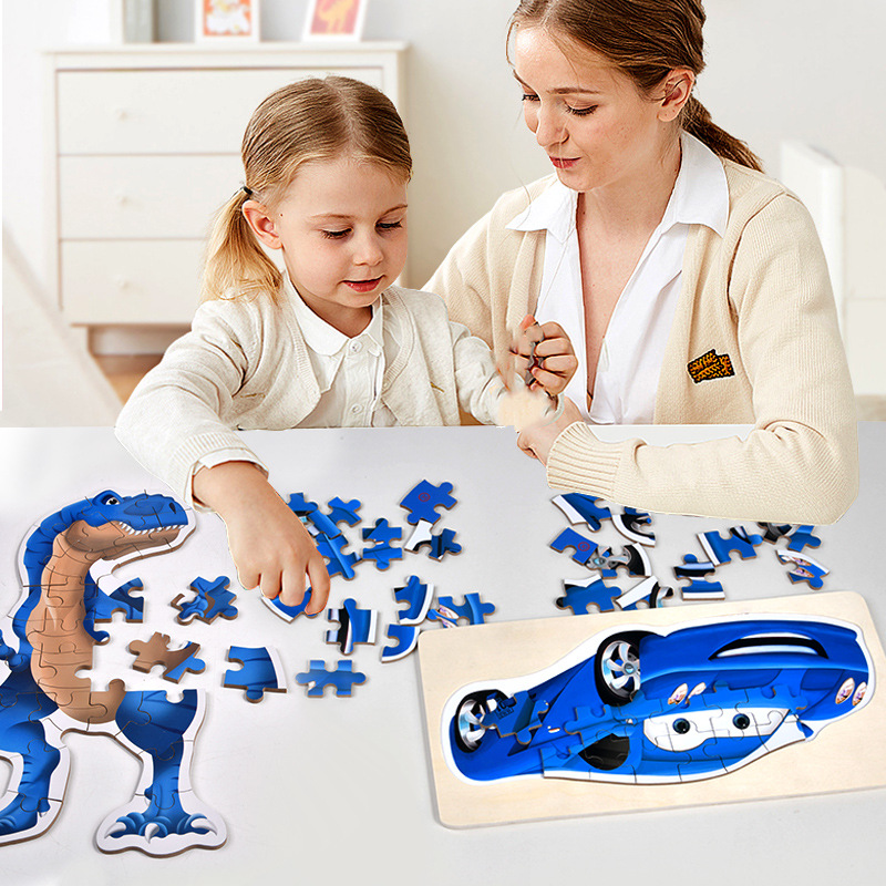 Madera de 0 - 2 - 3 años de edad infantil educación temprana cognitiva aprendizaje de dibujos animados planos dinosaurios tráfico puzzle juguetes de bloques de construcción
