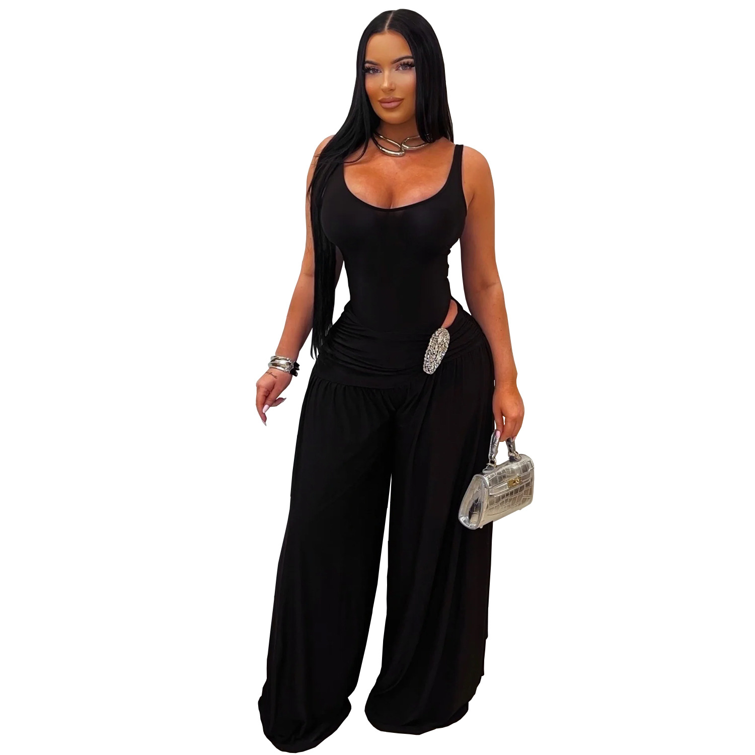 C7779 transfronterizo 2026 nueva ropa de mujer de color sólido U cuello de cintura alta delgada pantalones de piernas anchas sexy hot-girl plantares casuales