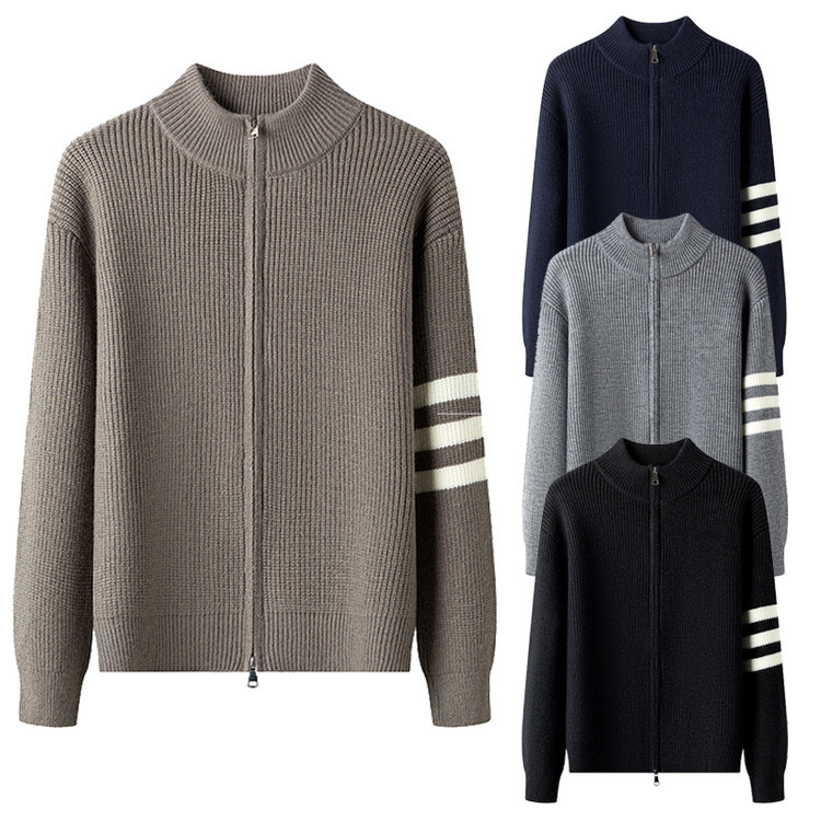 Comercio exterior otoño nuevo versátil medio cremallera cardigan suéter casual chaqueta de hombre joven suéter de punto rayado