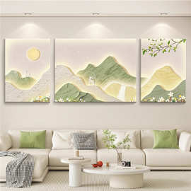 奶油风客厅装饰画沙发背景墙挂画壁画砂岩肌理轻奢高级感大气三联