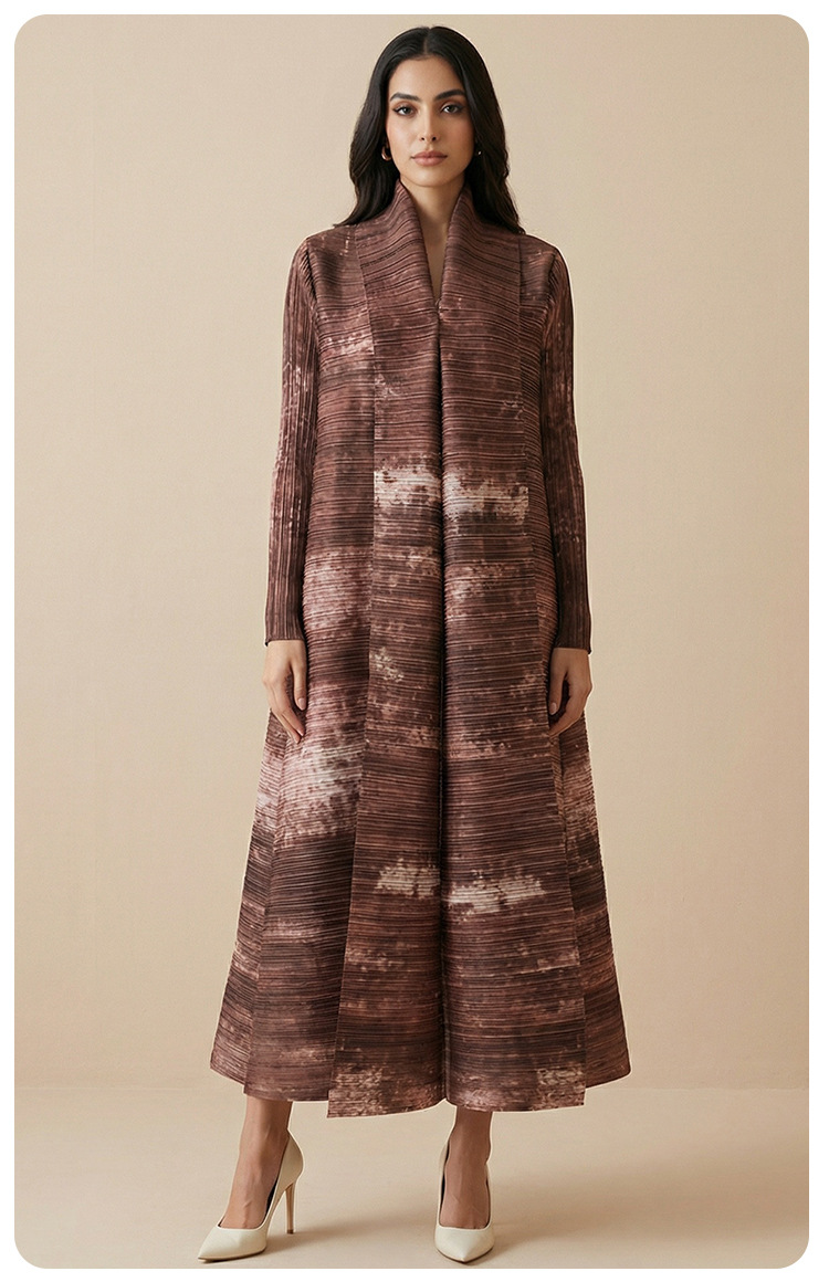 Miyake Cross-Border Foreign Trade Middle Eastern Best-Selling Autumn Muslim Robe Cape Printed Women's Arabic Tie-Waist_ecoleips.com