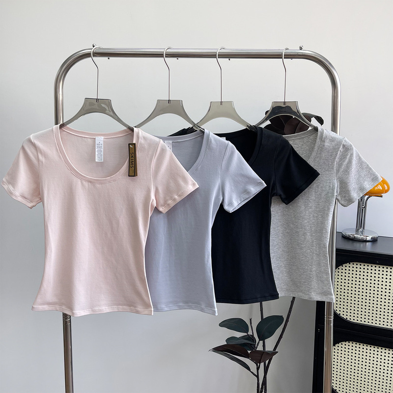 Skims Same Style Cotton Jersey Women's U-Neck Short-Sleeved T-Shirt Slimming Look Low-Neck Elegant Pure Color Top Skims Same Style Cotton Jersey Women's U-Neck Short-Sleeved T-Shirt Slimming Look Low-Neck Elegant Pure Color Top