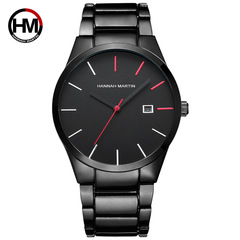 Hannah Martin Waterproof Tungsten Black Steel Strap Watches Business Calendar Quartz Men's Watches Cross-border