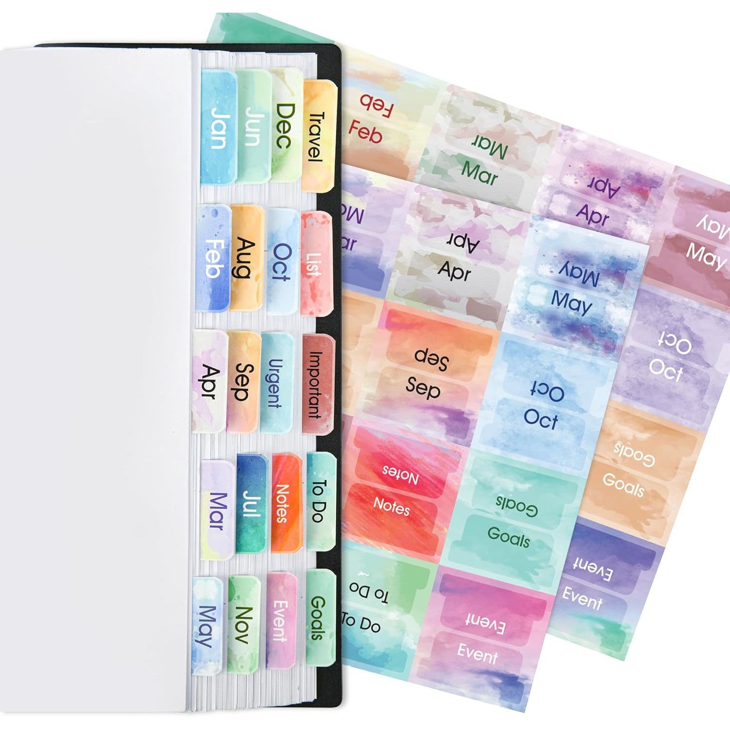 水彩风格月计划标签贴纸80张含36个月24科目20空白