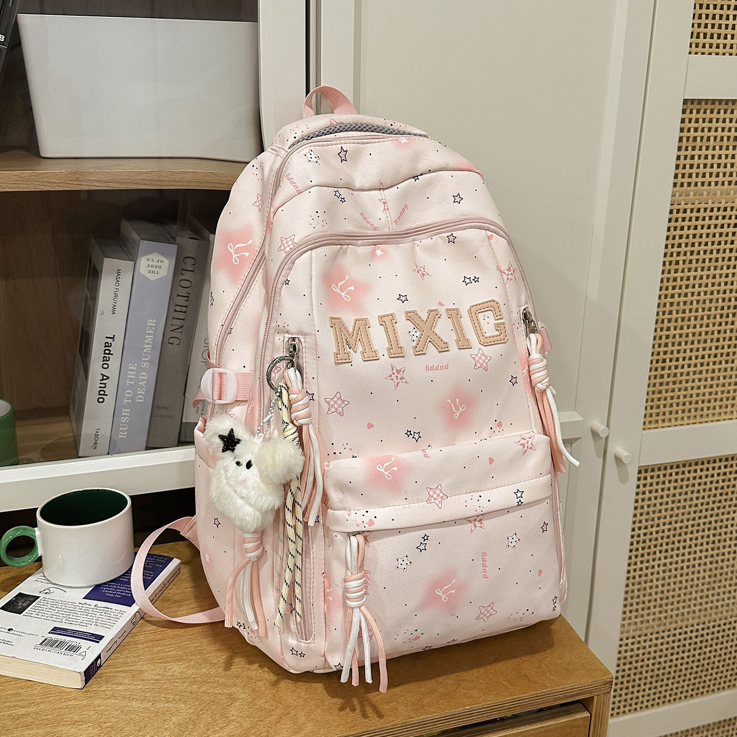 Pink double shoulder strap black star white fur rabbit charm